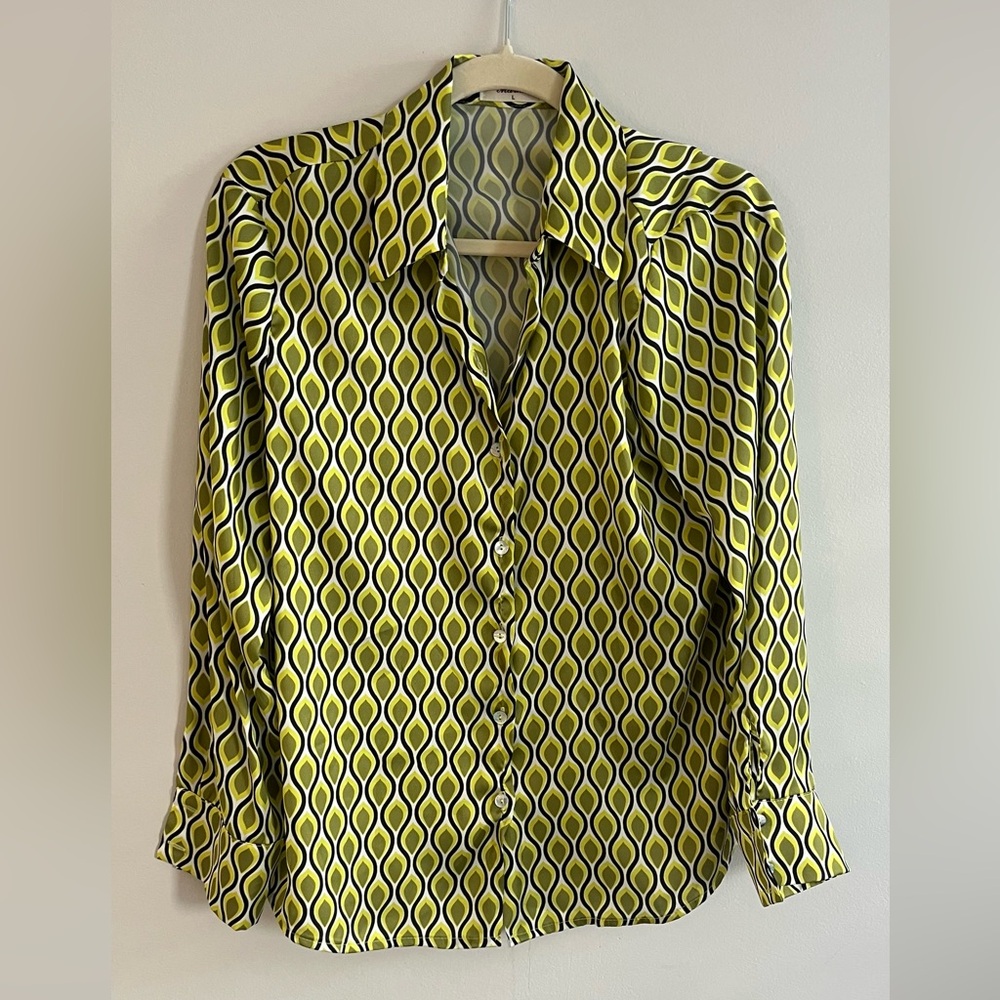 Chic Patterned Button Down Shirt In Green And Bla… - image 1
